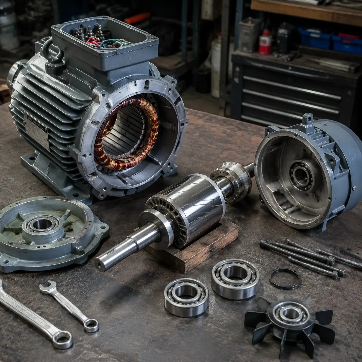 Zerlegter Elektromotor mit Lagern und Ersatzteilen