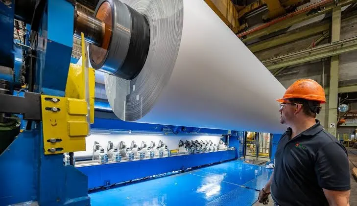 Wickelmaschine mit Papierrolle in einer Papierfabrik